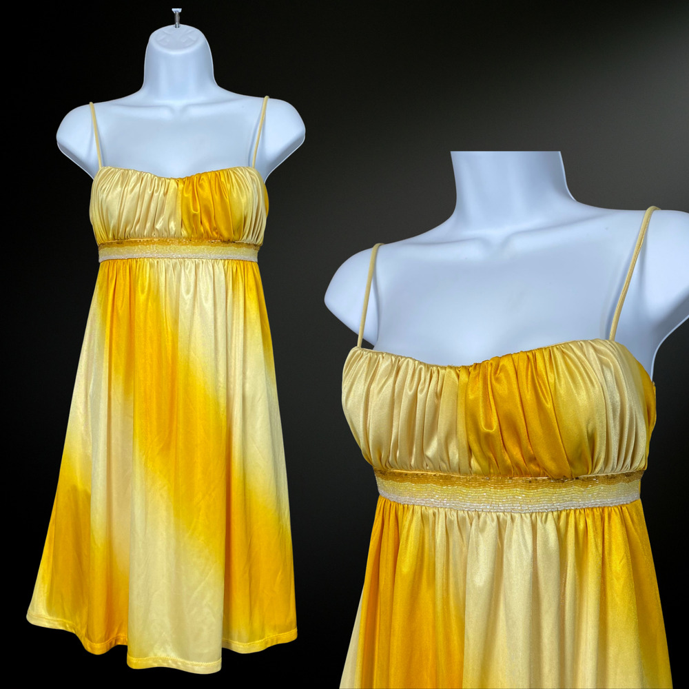 Y2K City Triangles Yellow Satin Babydoll‎ Mini Dress S Ombre Hoco Prom Cocktail